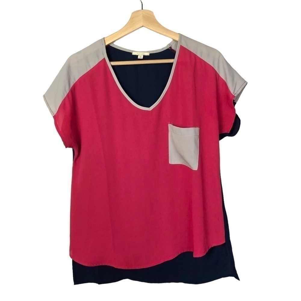 Pleione Pink & Blue Color Block Chiffon Short‎ Sleeve Blouse XS